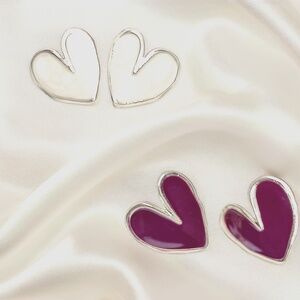 Set of 2 Heart Stud Earrings, Burgundy Red & White Enamel Heart Shape, Elegant